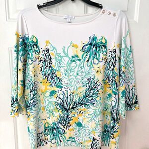 Charter Club Button-Trim Printed 3/4 Sleeve Top 1X
